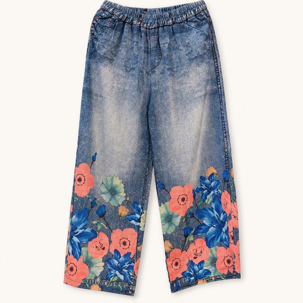Made in Italy Floral Wide Leg Pants One Size Denim Look Boho Palazzo Elastic